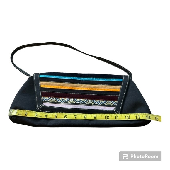 Retro 60's style Black Shoulder Bag With Multicolored Fabric Tapestry Accents - Picture 4 of 11